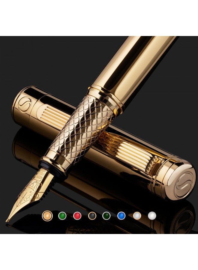 Scriveiner Luxury Fountain Pen - Stunning Gold Pen, 24K Gold Finish, Schmidt 18K Gilded Nib (Fine), Converter, Best Pen Gift Set for Men & Women, Professional, Executive, Office, Nice Pens - Image 1