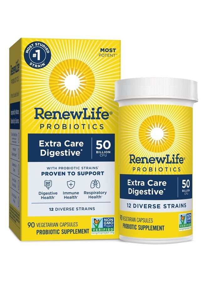 Renew Life Adult Probiotics, 50 Billion CFU Guaranteed, Probiotic Supplement for Digestive & Immune Health, Shelf Stable, Gluten Dairy & Soy Free, Extra Care Digestive, 90 Capsules - Image 1