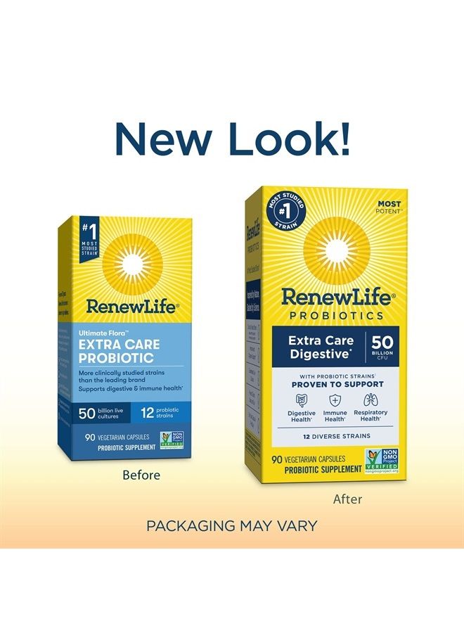 Renew Life Adult Probiotics, 50 Billion CFU Guaranteed, Probiotic Supplement for Digestive & Immune Health, Shelf Stable, Gluten Dairy & Soy Free, Extra Care Digestive, 90 Capsules - Image 2