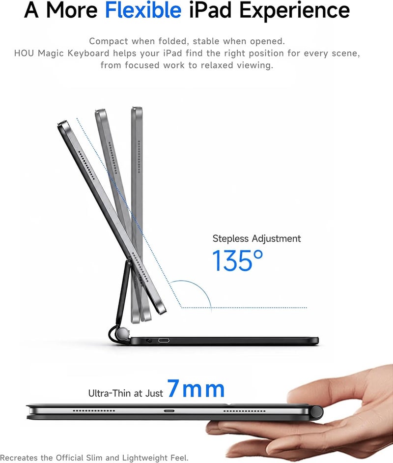 هوو حافظة لوحة مفاتيح HOU لأجهزة iPad Air الجيل الخامس، والجيل الرابع من Air مقاس 10.9 بوصة، وiPad Pro مقاس 11 بوصة (الجيل الثالث/الثاني/الأول)، بتصميم مغناطيسي عائم، ولوحة لمس متعددة اللمس، وإضاءة خلفية بـ7 ألوان - تخطيط أمريكي - أسود - Image 4