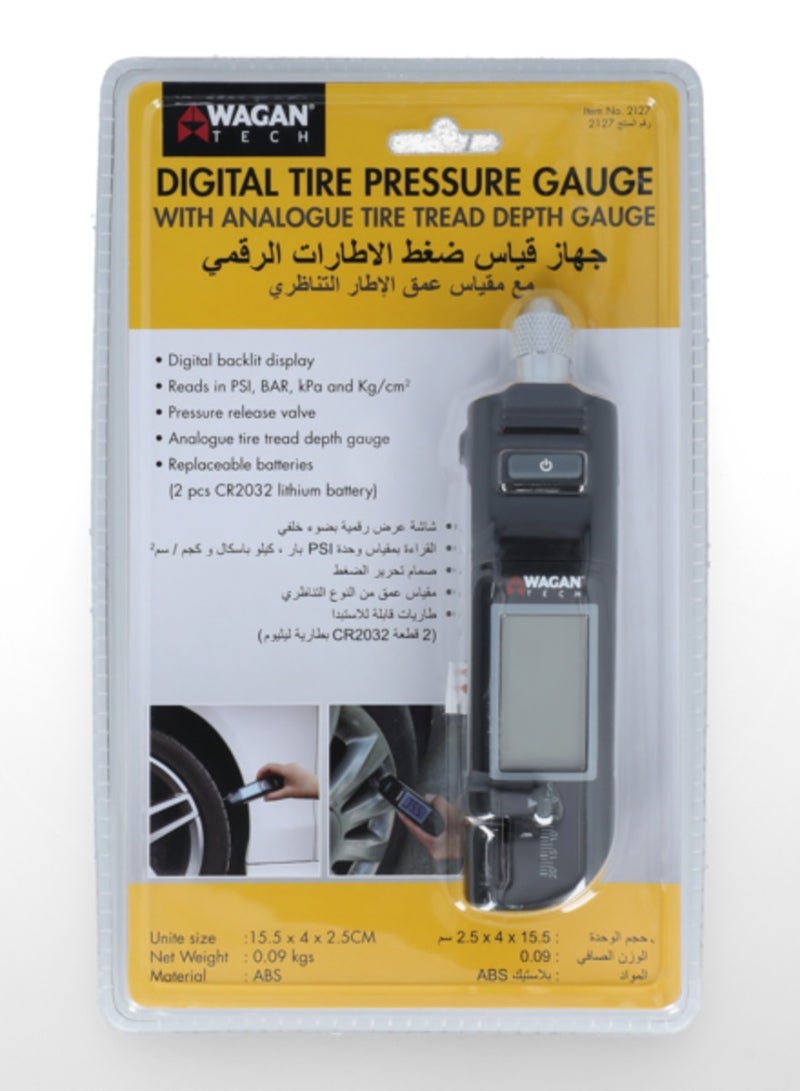 WAGAN Tech Battery Powered Digital Tire Pressure Gauge with Analog Tire Tread Depth Black - Image 1