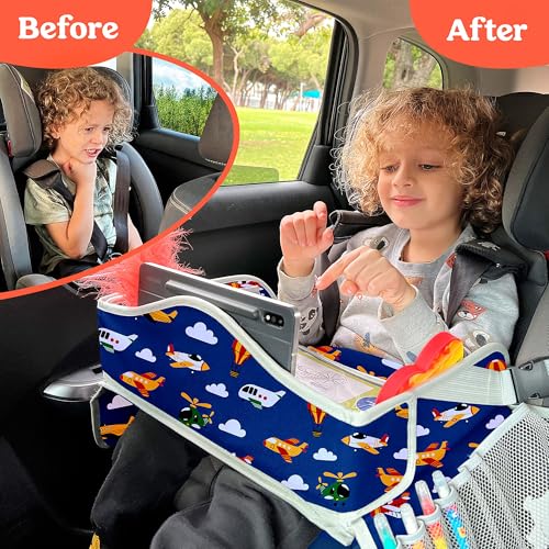 PILLANI Kids Travel Tray for Car - Car Seat Tray for Kids Travel, Road Trip Essentials, Carseat Table for Roadtrip Activities - Must Have Toddler Lap Desk Organizer for Airplane - Travel Accessories - Image 3