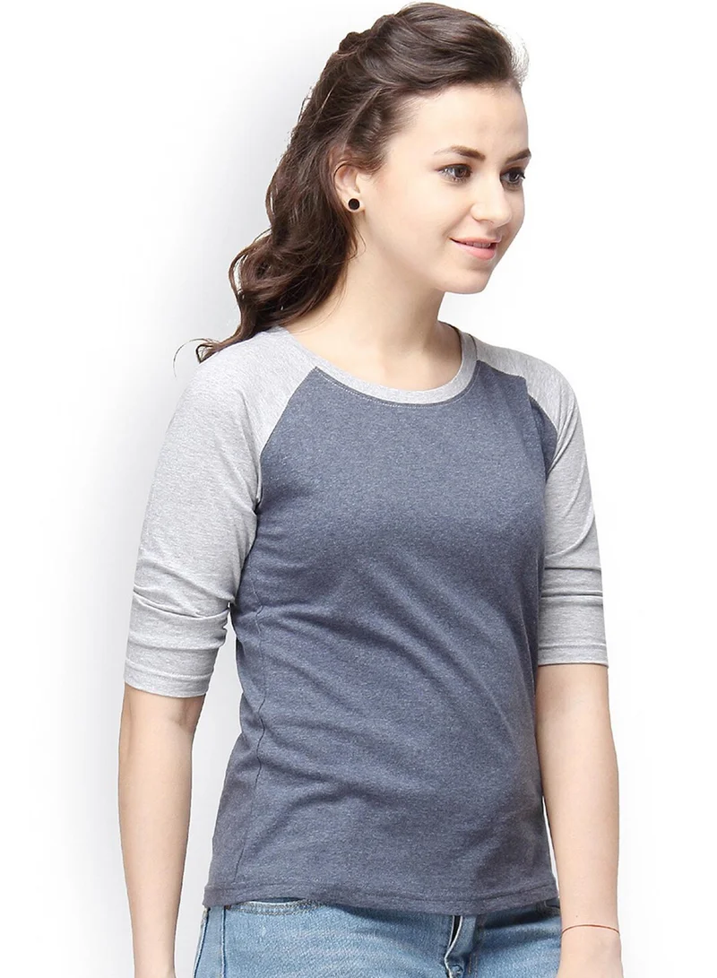 Campus Sutra Campus Sutra Women's Navy Blue Colourblocked Regular Fit Top For Casual Wear | Crewneck | Short Sleeve | Top Crafted With Regular Sleeve, Comfort Fit & High-Performance For Everyday Wear