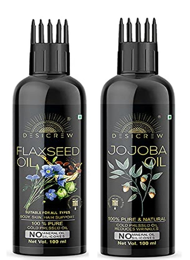 Desicrew Cold-Pressed Flexseed & Jojoba Hair Oil in Combo - Moisturizing & Healing, For Skin, Hair Care, Eyelashes (100 ml + 100 ml) With Applicator - Image 1