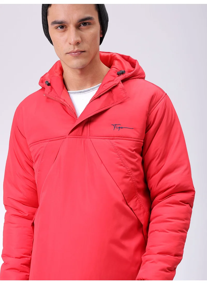 The Indian Garage Co Mens Red Slim Fit Plain Hooded Half Placket Side Pocket Winter Jacket