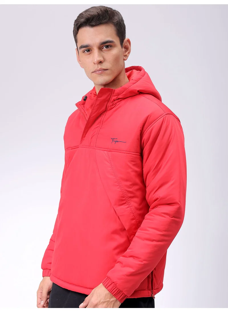 The Indian Garage Co Mens Red Slim Fit Plain Hooded Half Placket Side Pocket Winter Jacket