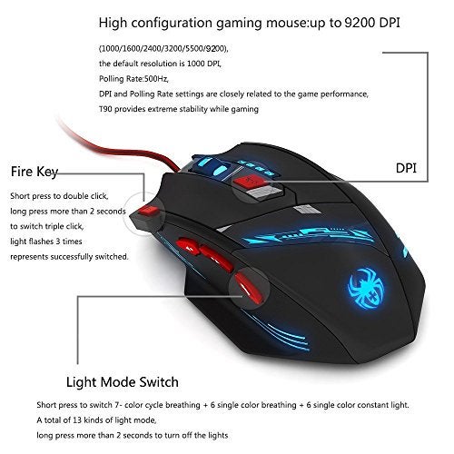 Zelotes T90 Professional 9200 DPI High Precision USB Wired Gaming Mouse,8 Buttons,With 7 kinds modes of LED Colorful Breathing Light, Weight Tuning Set (Black) - Image 3