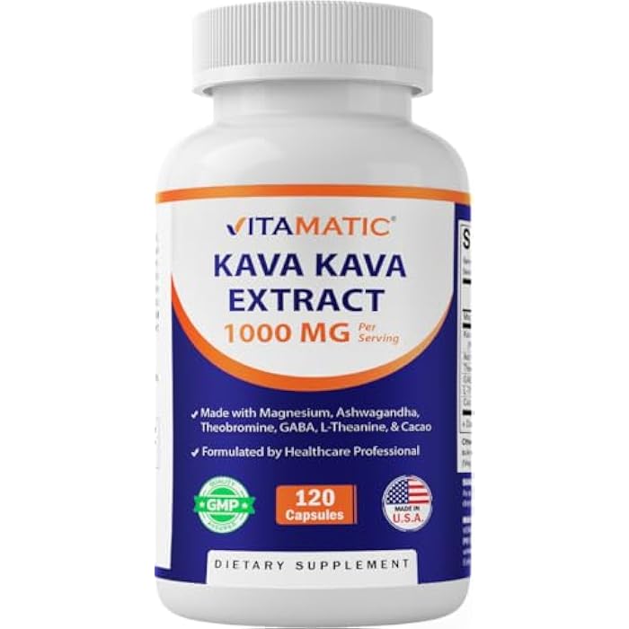 Vitamatic Kava Kava 1000mg with Magnesium, Ashwagandha, GABA, Theobromine, L-Theanine & Cacao – 120 Veg Caps – Kavalactones for Mood, Stress & Sleep Support.