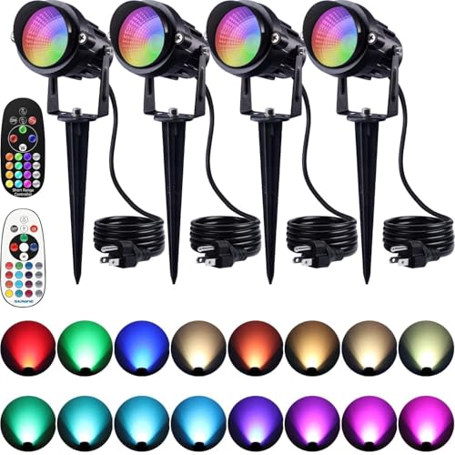 SUNVIE Chrisrmas Spot Lights Outdoor 12W RGBW Color Changing Landscape Lights with Remote Control 120V RGB Landscape Lighting Waterproof Outdoor Spotlight for Yard Garden Patio Lawn Decorative, 4 Pack - Image 1