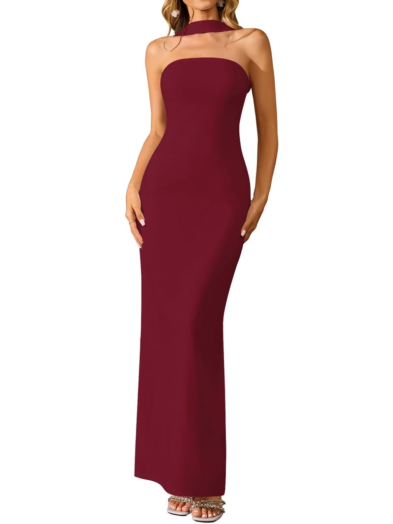 HTZMO Women Elegant Summer Bodycon Maxi Dress Halter Neck Formal Wedding Guest Cocktail Party Long Dresses Wine M - Image 1