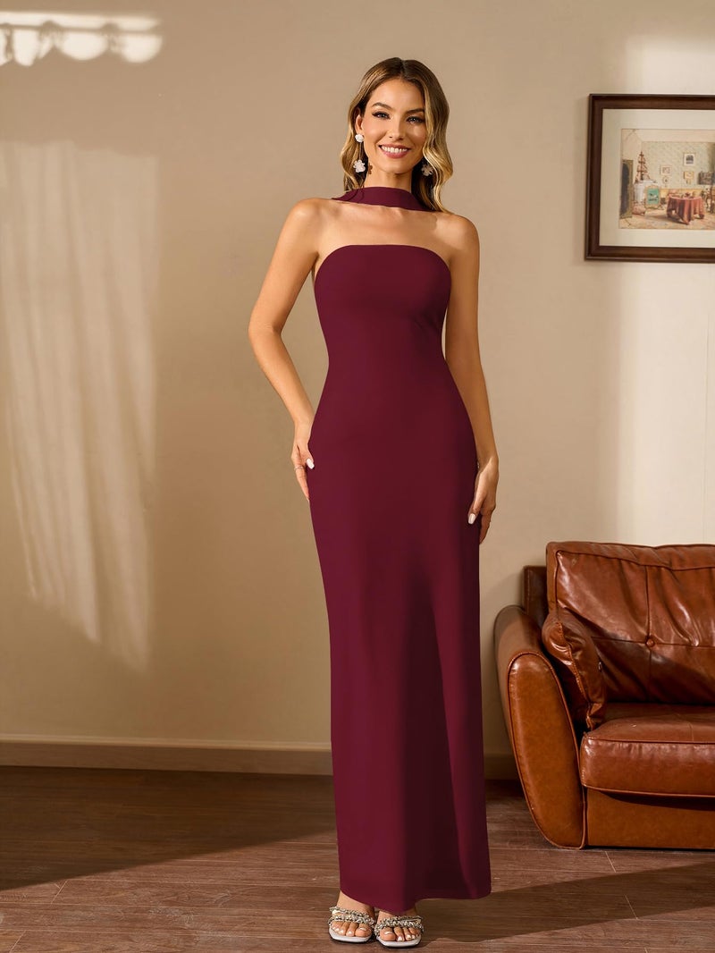HTZMO Women Elegant Summer Bodycon Maxi Dress Halter Neck Formal Wedding Guest Cocktail Party Long Dresses Wine M - Image 2
