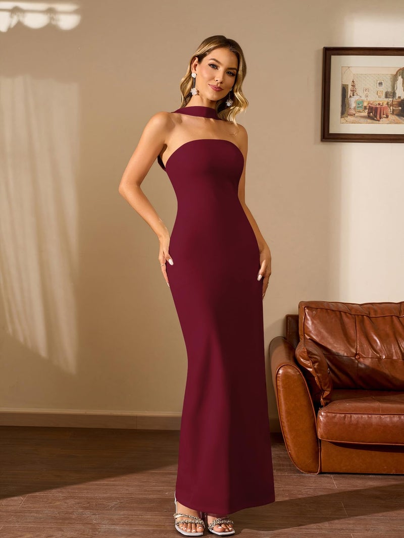 HTZMO Women Elegant Summer Bodycon Maxi Dress Halter Neck Formal Wedding Guest Cocktail Party Long Dresses Wine M - Image 4
