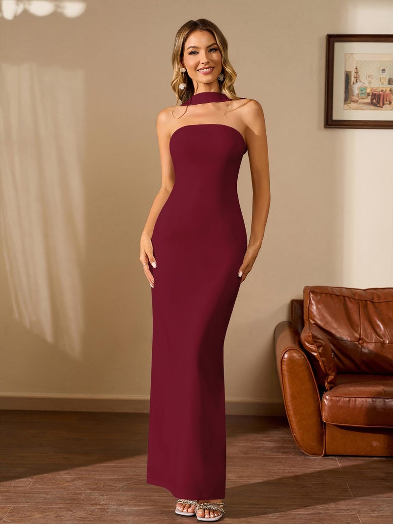 HTZMO Women Elegant Summer Bodycon Maxi Dress Halter Neck Formal Wedding Guest Cocktail Party Long Dresses Wine M - Image 5