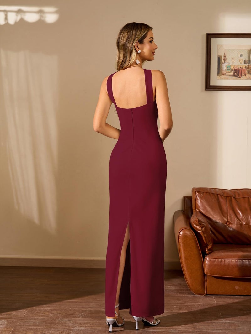 HTZMO Women Elegant Summer Bodycon Maxi Dress Halter Neck Formal Wedding Guest Cocktail Party Long Dresses Wine M - Image 3