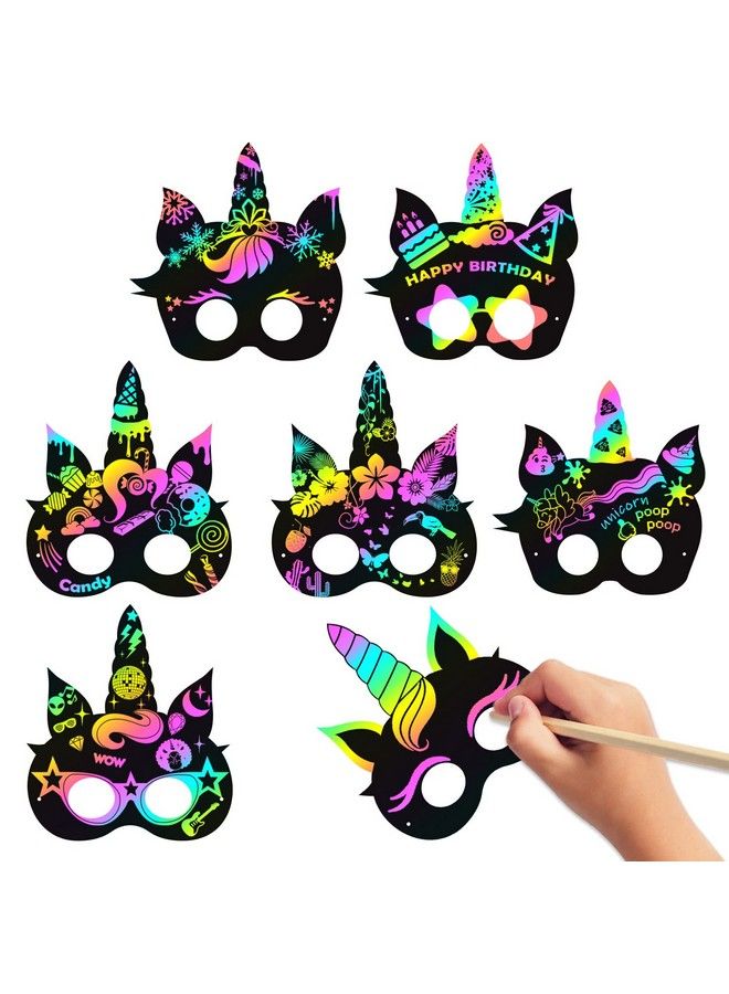 MALLMALL6 24Pcs Unicorn Mask Rainbow Scratch Unicorn Diy Masks Party Favors Color Reveal Scratchboard Unicorn Theme Birthday Party Supplies Decorations Dress Up Costumes Crafts Kit For Boys Girls - Image 2