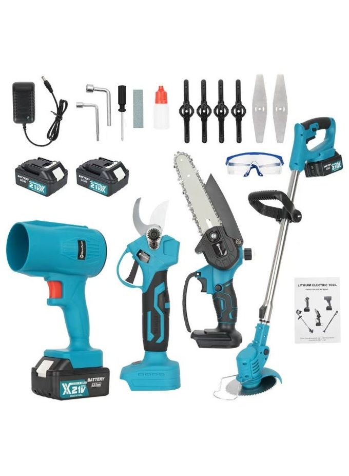 GearZone 4-in-1 Electric Garden Tool Set, Pruning Shears, Chainsaw, Leaf Blower, Grass Trimmer with 2pcs 4.0ah Batteries for Garden Use-Blue