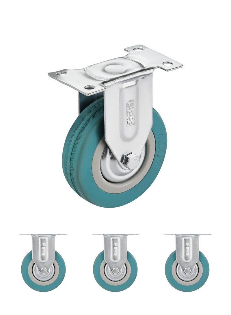 BMB TOOLS 100mm Caster Wheels Set of 4 Heavy Duty, Rigid Casters Top Plate Fitting, Non Marking Grey Rubber Fixed Caster Wheels for Cart Furniture Industrial Use - Image 1