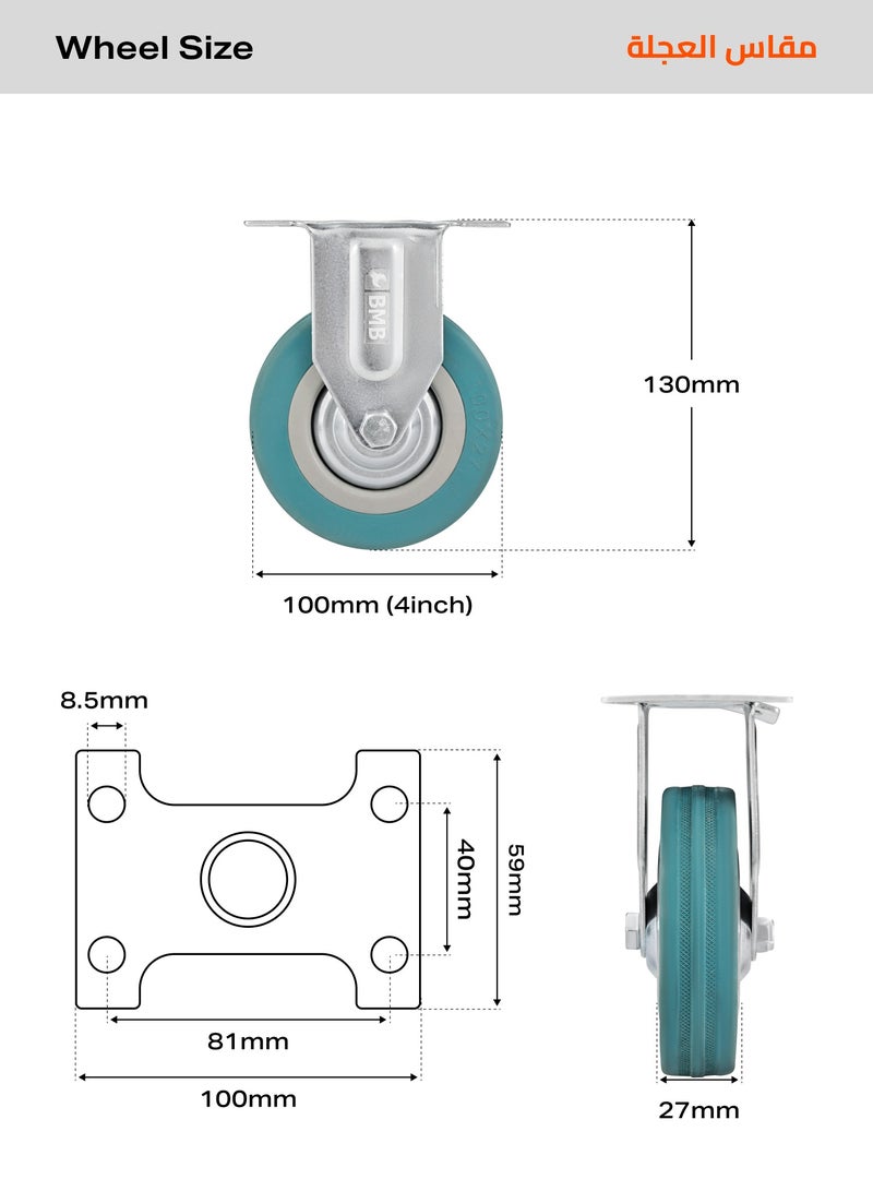 BMB TOOLS 100mm Caster Wheels Set of 4 Heavy Duty, Rigid Casters Top Plate Fitting, Non Marking Grey Rubber Fixed Caster Wheels for Cart Furniture Industrial Use - Image 2