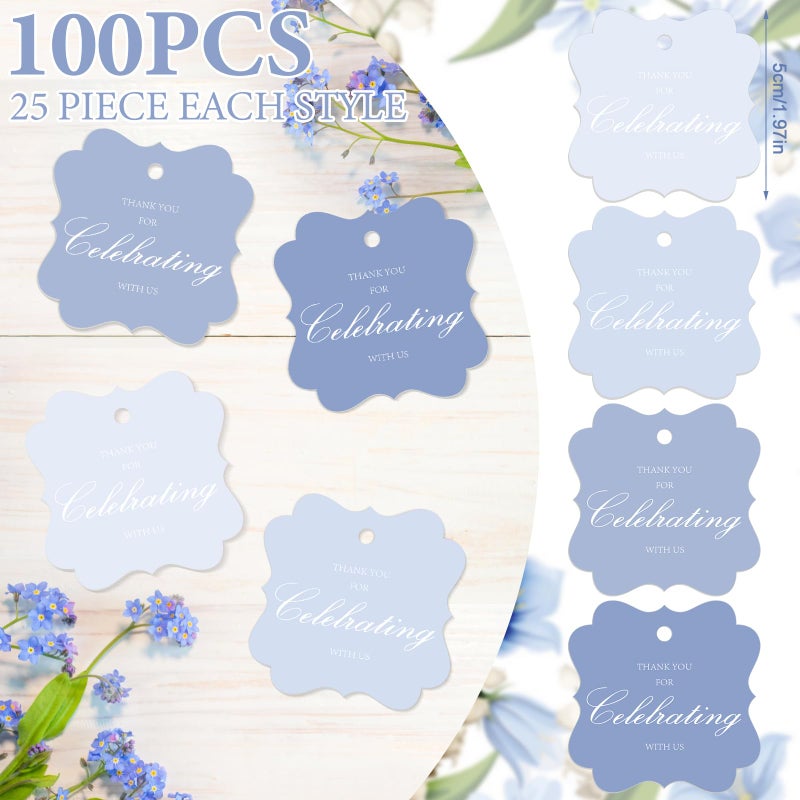Aartner 100 Pcs Blue Thank You Gift Tags with String, 2x2 Scalloped Paper Gift Tags Hanging Label Tag for Wedding, Baby Shower, Birthday, Holiday Party Favors - Image 2