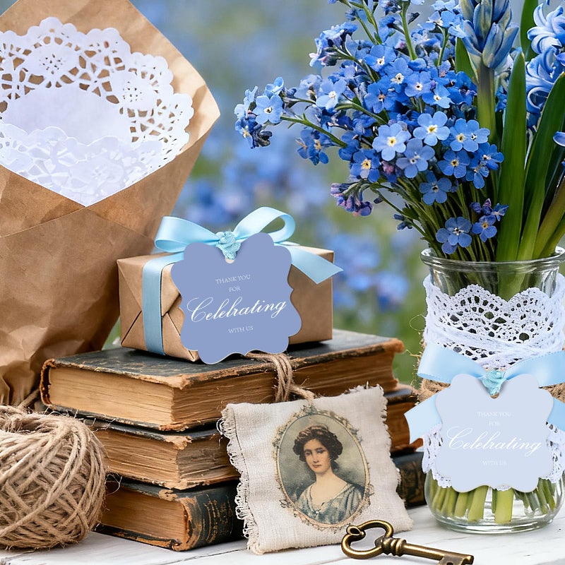 Aartner 100 Pcs Blue Thank You Gift Tags with String, 2x2 Scalloped Paper Gift Tags Hanging Label Tag for Wedding, Baby Shower, Birthday, Holiday Party Favors - Image 3