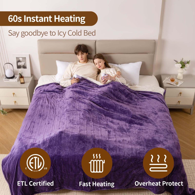 Bearhug Electric Blanket King Size 100" x 90", Dual Controller Heated Blanket, Velvet & Sherpa, 10-Heating Level & 0.5-12H Auto Off, Over-Heat Protect, ETL, Machine Washable - Image 4