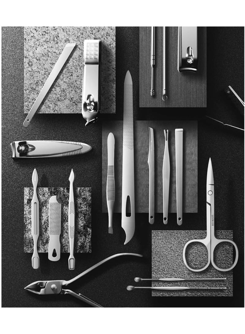 ail clippers set, manicure set for men, manicure pedicure kit, stainless steel professional grooming kits, 19 in 1 nail care tools with black leather case - Image 3