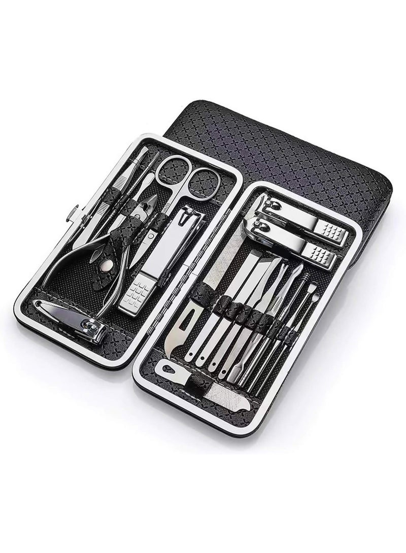 ail clippers set, manicure set for men, manicure pedicure kit, stainless steel professional grooming kits, 19 in 1 nail care tools with black leather case - Image 1
