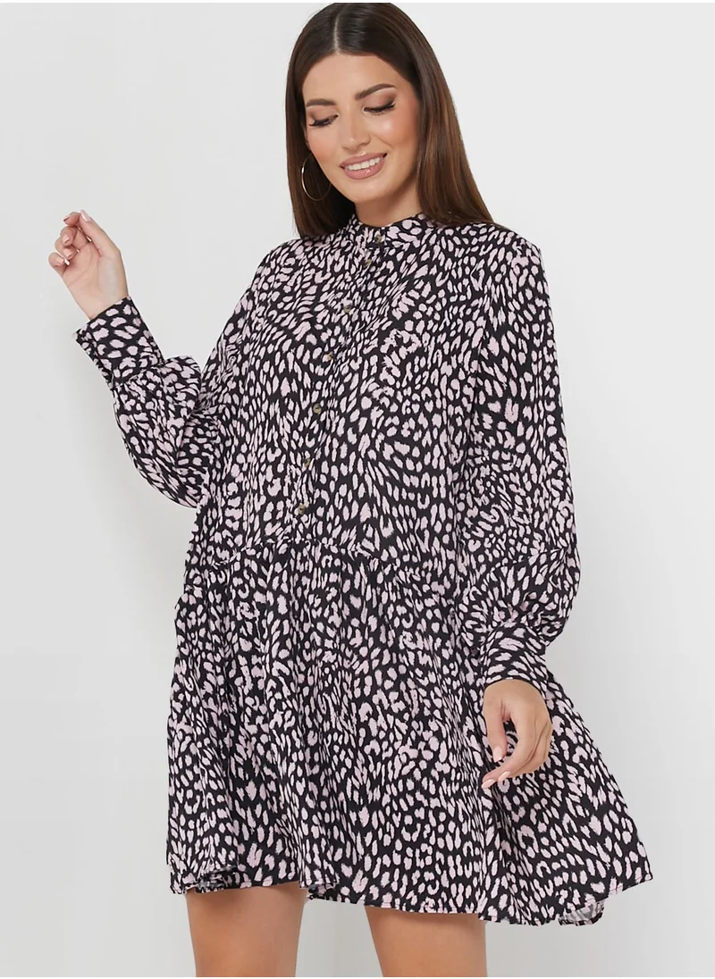 NASTY GAL Balloon Sleeve Printed Button Detail Dress