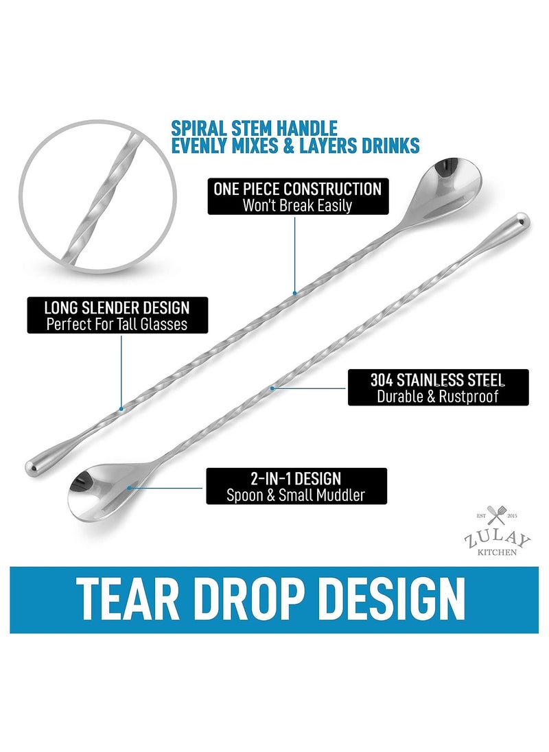 PARTNER - Premium 12 Inch Stainless Steel Cocktail Spoon - Long Attractive Spiral Design for Layering Drinks - Bar Spoon & Cocktail Mixing Spoon for Cocktail Shakers, Tall Cups & Pitchers (Silver) - Image 1