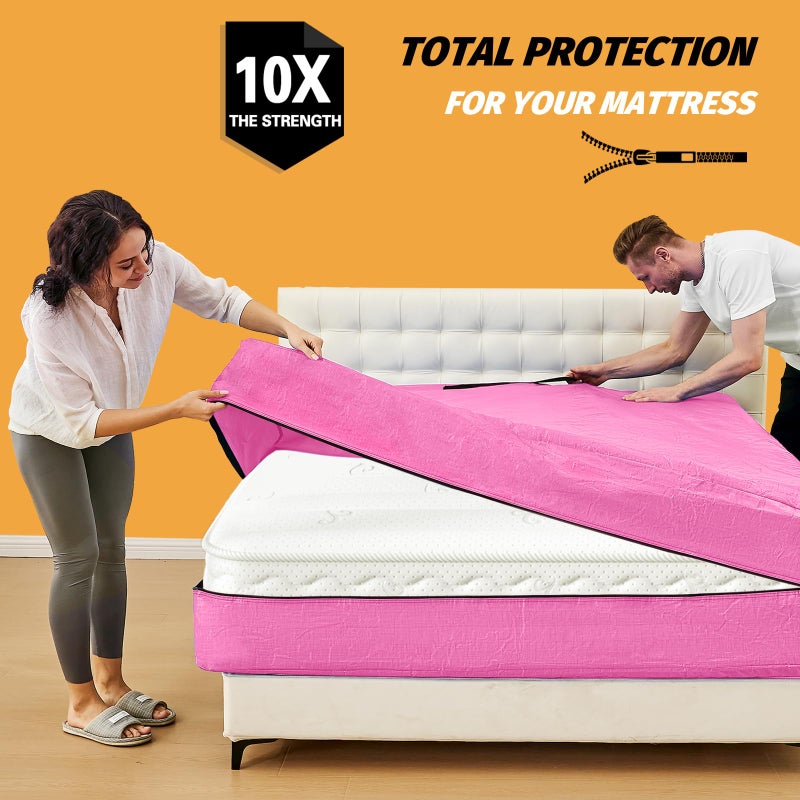 BETU Mattress Bags for Moving, BETU Mattress Protector Waterproof Mattress Cover Queen Size Storage Bags with 8 Heavy-Duty Handles and Zipper for Bed Extra Thick Large Reusable (82"x62"x15" Pink) - Image 2