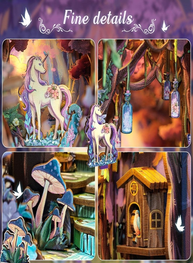 Cutefun Book Nook Kit, DIY Miniature Dollhouse Kit for Adults and Teens, 3D Wooden Puzzle Bookends, Bookshelf Insert Decor w/LED Light Dust Cover, Christmas Birthday Gifts (Forest Unicorn) - Image 4