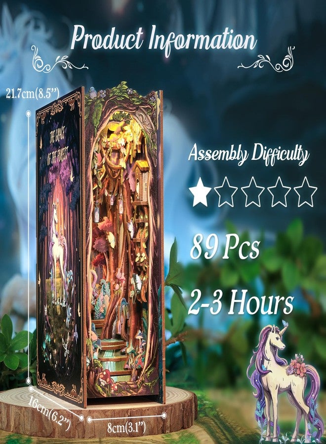 Cutefun Book Nook Kit, DIY Miniature Dollhouse Kit for Adults and Teens, 3D Wooden Puzzle Bookends, Bookshelf Insert Decor w/LED Light Dust Cover, Christmas Birthday Gifts (Forest Unicorn) - Image 2