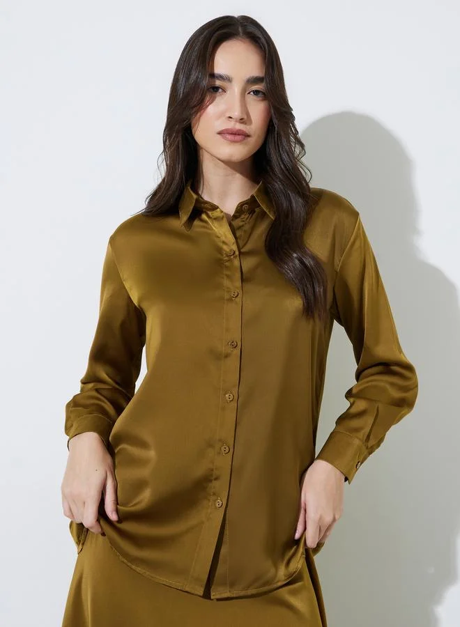 Styli  Olive Solid Long Lined Oversized Satin Shirt for Women | Best Price UAE