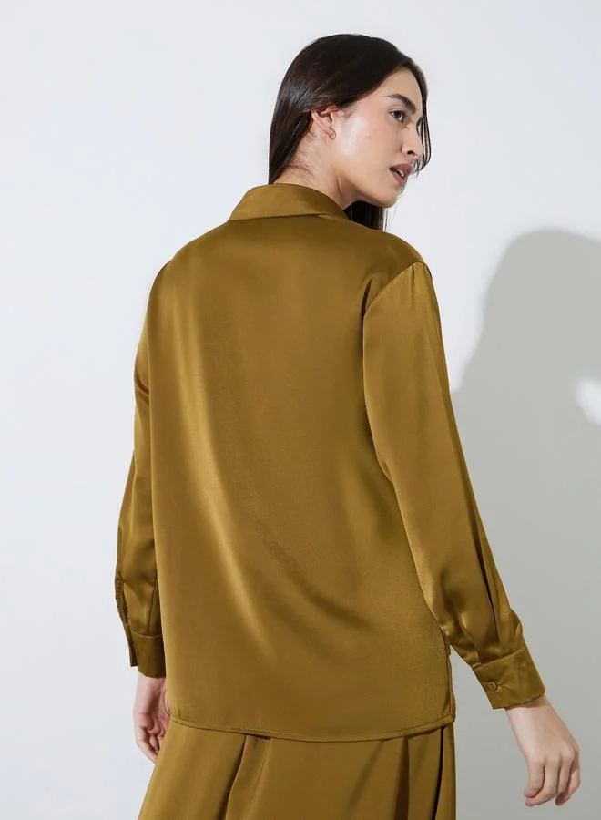 Styli  Olive Solid Long Lined Oversized Satin Shirt for Women | Best Price UAE