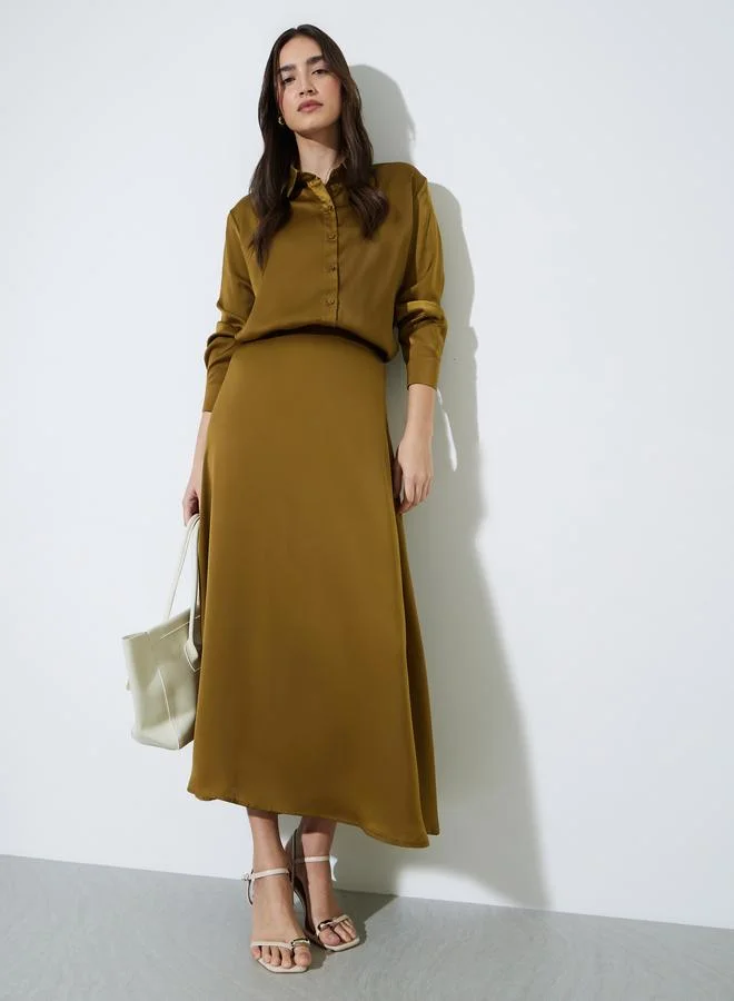 ستايلي Olive Solid Long Lined Oversized Satin Shirt