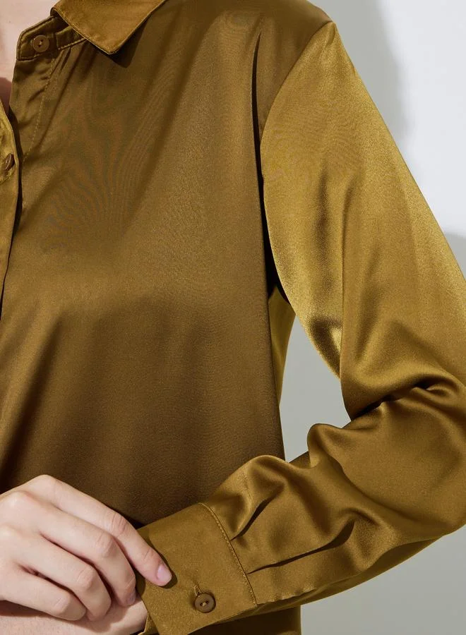 Styli  Olive Solid Long Lined Oversized Satin Shirt for Women | Best Price UAE
