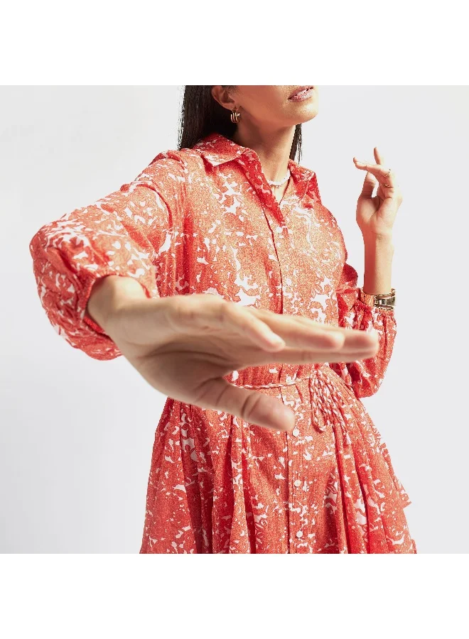 FAV All-Over Print Mini Shirt Dress with Tie-Ups and Long Sleeves