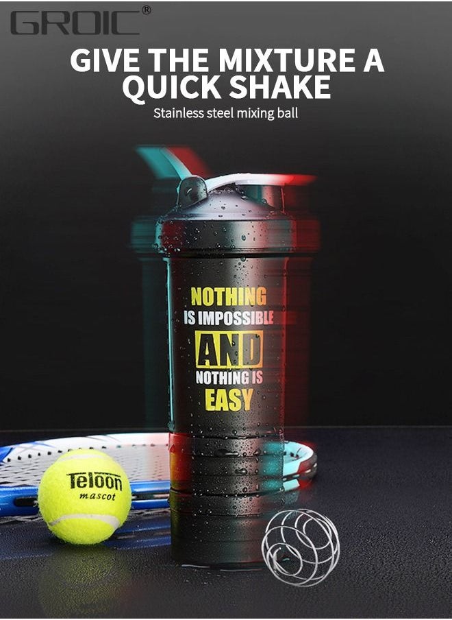 GROIC - 3 Layer Shaker Bottles for Protein Mixes Workout Shaker Leak Proof, Sport Water Bottle, Dual Mixing Technology with Shaker Balls, Twist and Lock Protein Box Storage Included - Image 1