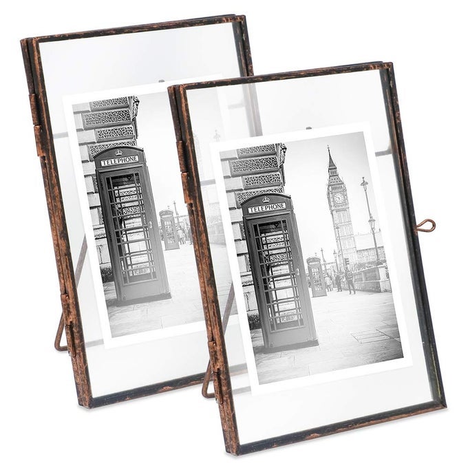 5X7 2PACK ANTIQUE BRONZE VINTAGE STYLE BRASS AND GLASS METAL FLOATING PICTURE FRAME VERTICAL WITH LOCKET CLOSURE FOR PHOTOS ART MORE TABLETOP DISPLAY 5X7 ANTIQUE BRONZE