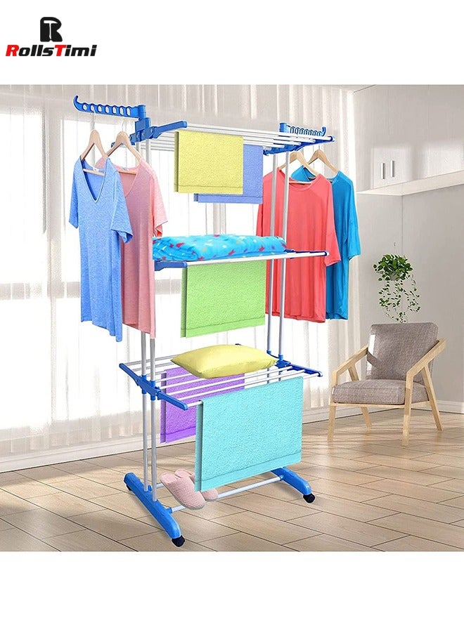 RollsTimi  Floor Drying Rack,3 Tiers Foldable Design,Adjustable Stainless Steel Hanger With Folding Wings For Indoor And Outdoor,Blue - Image 4