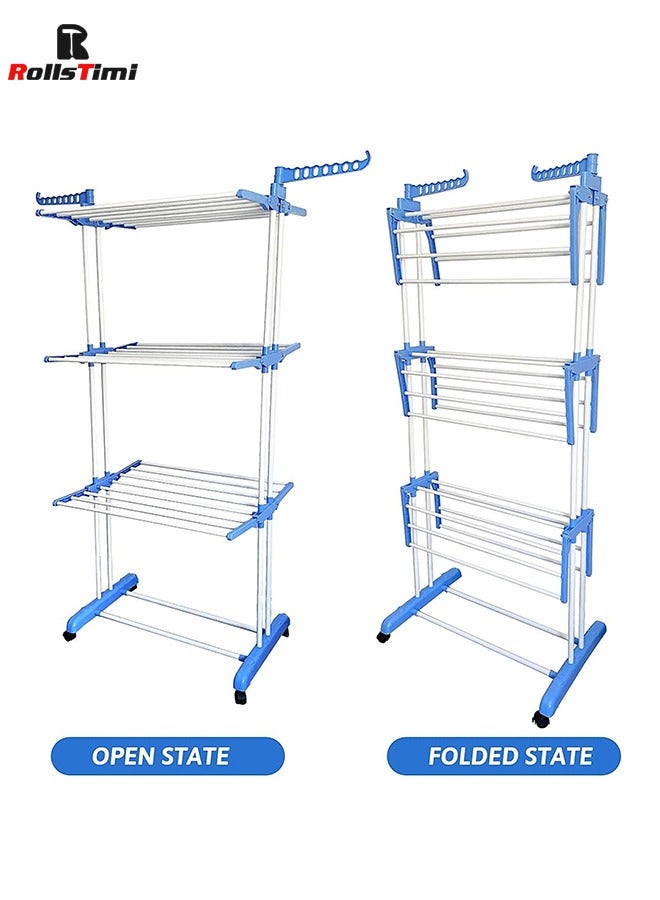 RollsTimi  Floor Drying Rack,3 Tiers Foldable Design,Adjustable Stainless Steel Hanger With Folding Wings For Indoor And Outdoor,Blue - Image 3