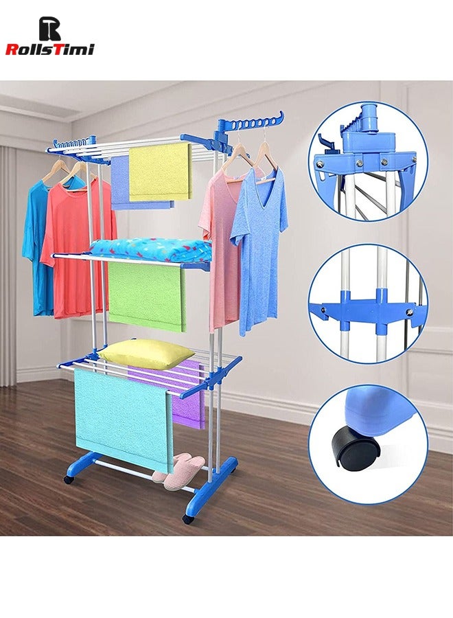 RollsTimi  Floor Drying Rack,3 Tiers Foldable Design,Adjustable Stainless Steel Hanger With Folding Wings For Indoor And Outdoor,Blue - Image 2