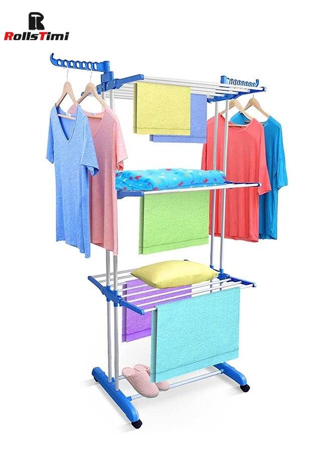 RollsTimi  Floor Drying Rack,3 Tiers Foldable Design,Adjustable Stainless Steel Hanger With Folding Wings For Indoor And Outdoor,Blue - Image 1