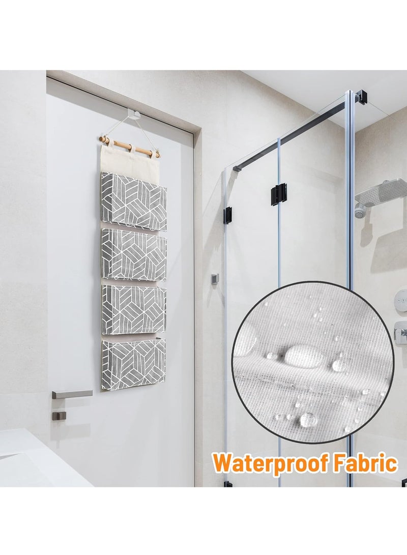 Over Door Hanging Storage Bags Wall Mounted Wardrobe Organizer, 4 Large Pockets Linen Cotton Multifunctional Living Room Bedroom Bathroom Files Magazines Waterproof Free Hooks (White) - Image 4