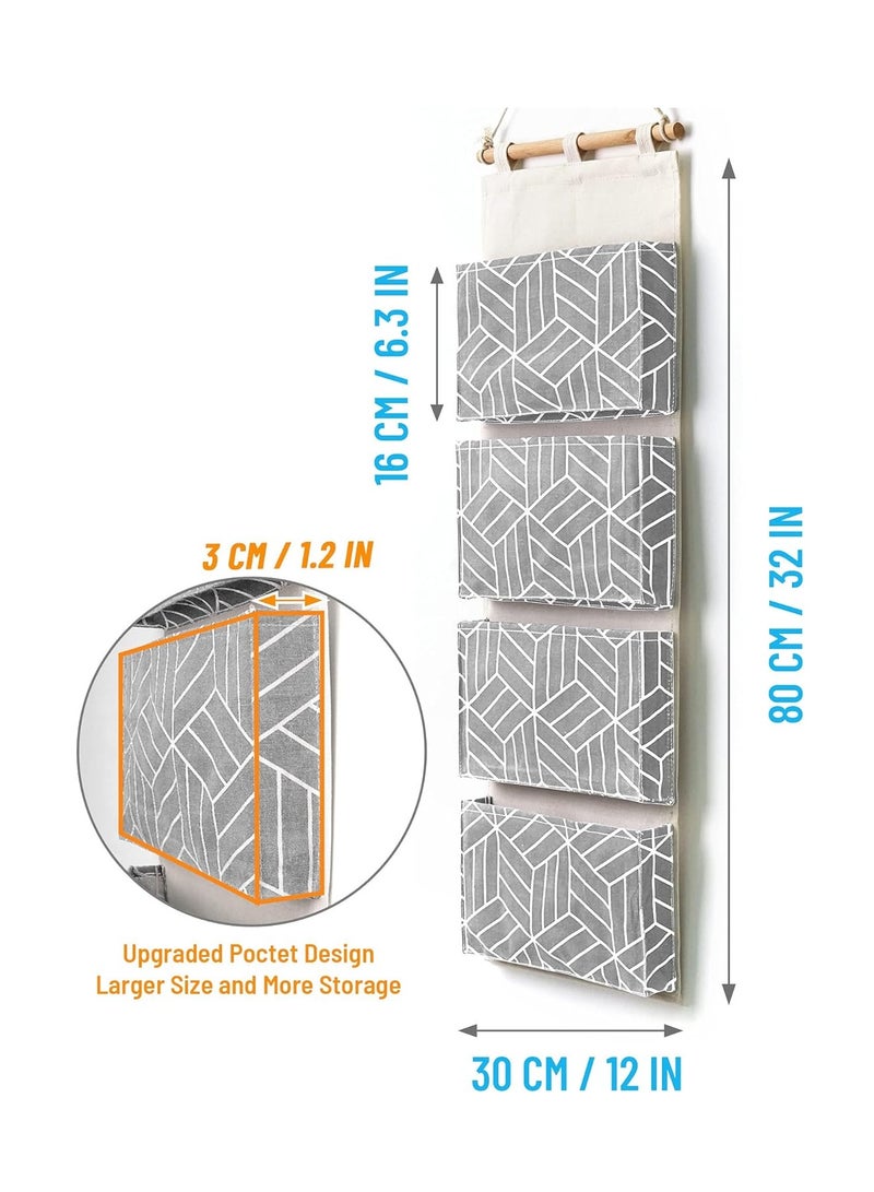 Over Door Hanging Storage Bags Wall Mounted Wardrobe Organizer, 4 Large Pockets Linen Cotton Multifunctional Living Room Bedroom Bathroom Files Magazines Waterproof Free Hooks (White) - Image 2