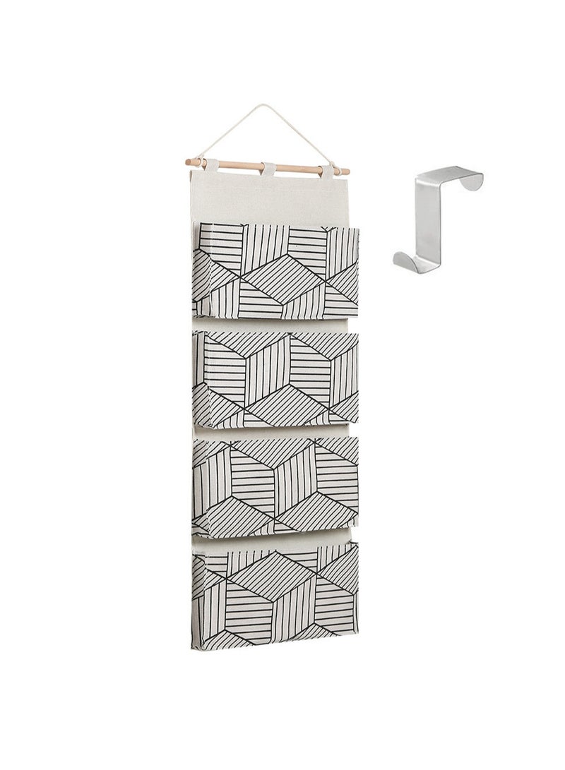 Over Door Hanging Storage Bags Wall Mounted Wardrobe Organizer, 4 Large Pockets Linen Cotton Multifunctional Living Room Bedroom Bathroom Files Magazines Waterproof Free Hooks (White) - Image 1