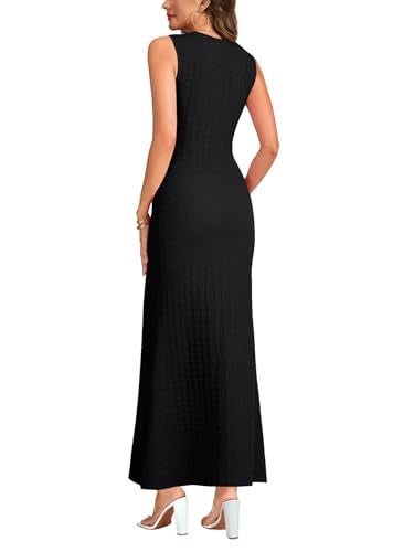 KIFOVEN Women's Round Neck Sleeveless Bodycon Ruched Textured Party Maxi Dresses Black Small - Image 5