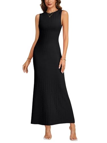 KIFOVEN Women's Round Neck Sleeveless Bodycon Ruched Textured Party Maxi Dresses Black Small - Image 2