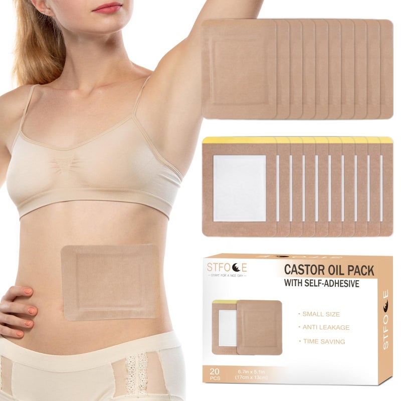 STFOCE 20pcs Castor Oil Pack Wrap Castor Oil Pack Wrap Organic Cotton Organic Castor Oil Pack SelfAdhesive No Leakage No Wash Portable Oil Not Included 1 Count Pack of 20