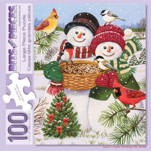 Bits and Pieces – Large 100 Piece Jigsaw Puzzle for Adults – Snow Couple Feeding The Birds - Snowman Fun Jigsaw Puzzle by William Vanderdasson, Completed Puzzle Size: 15" x 19" - Image 1
